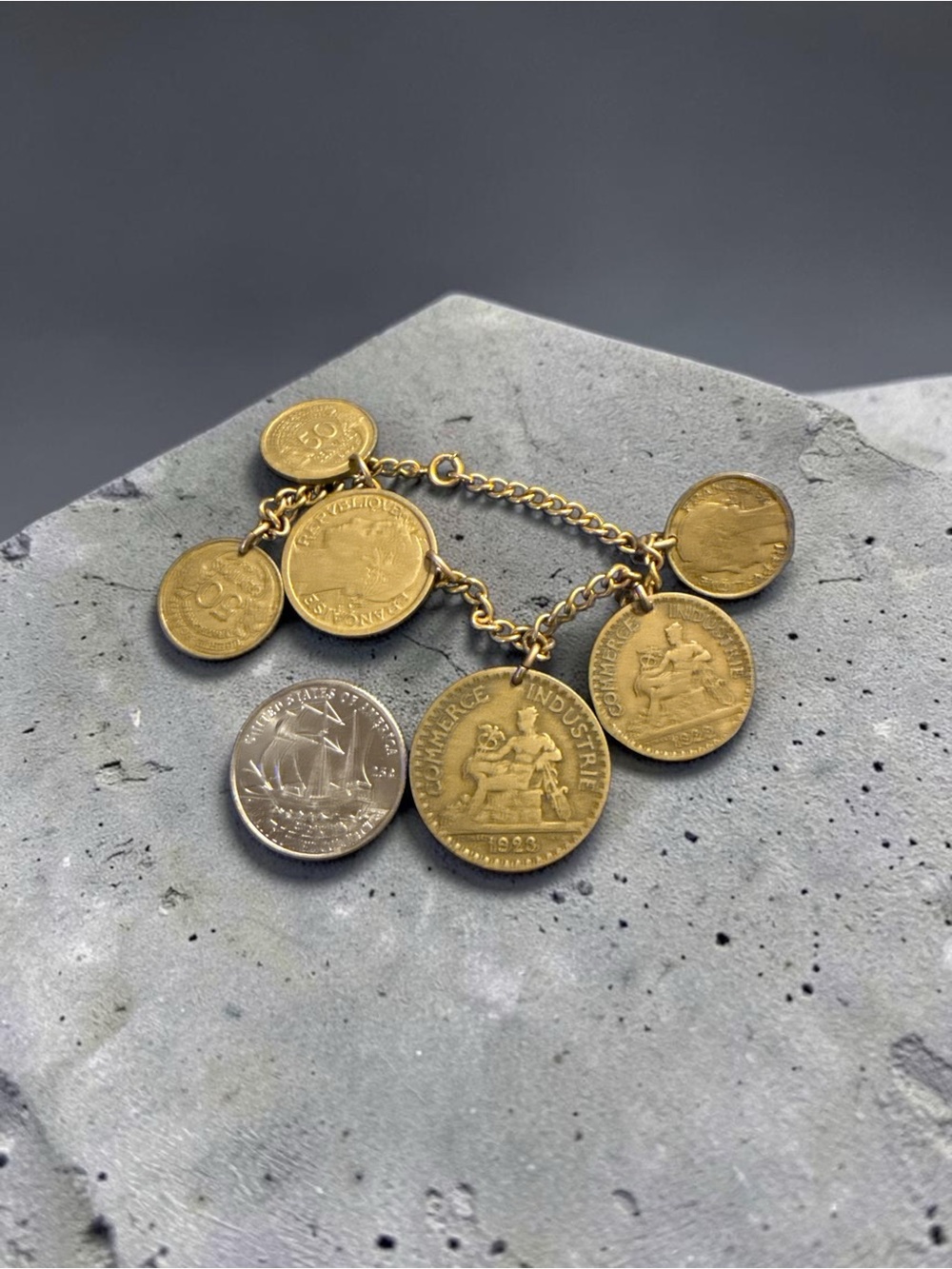 🪙 Vintage French Coin Charm Bracelet – Estate Find – Gold Tone •Small 6”